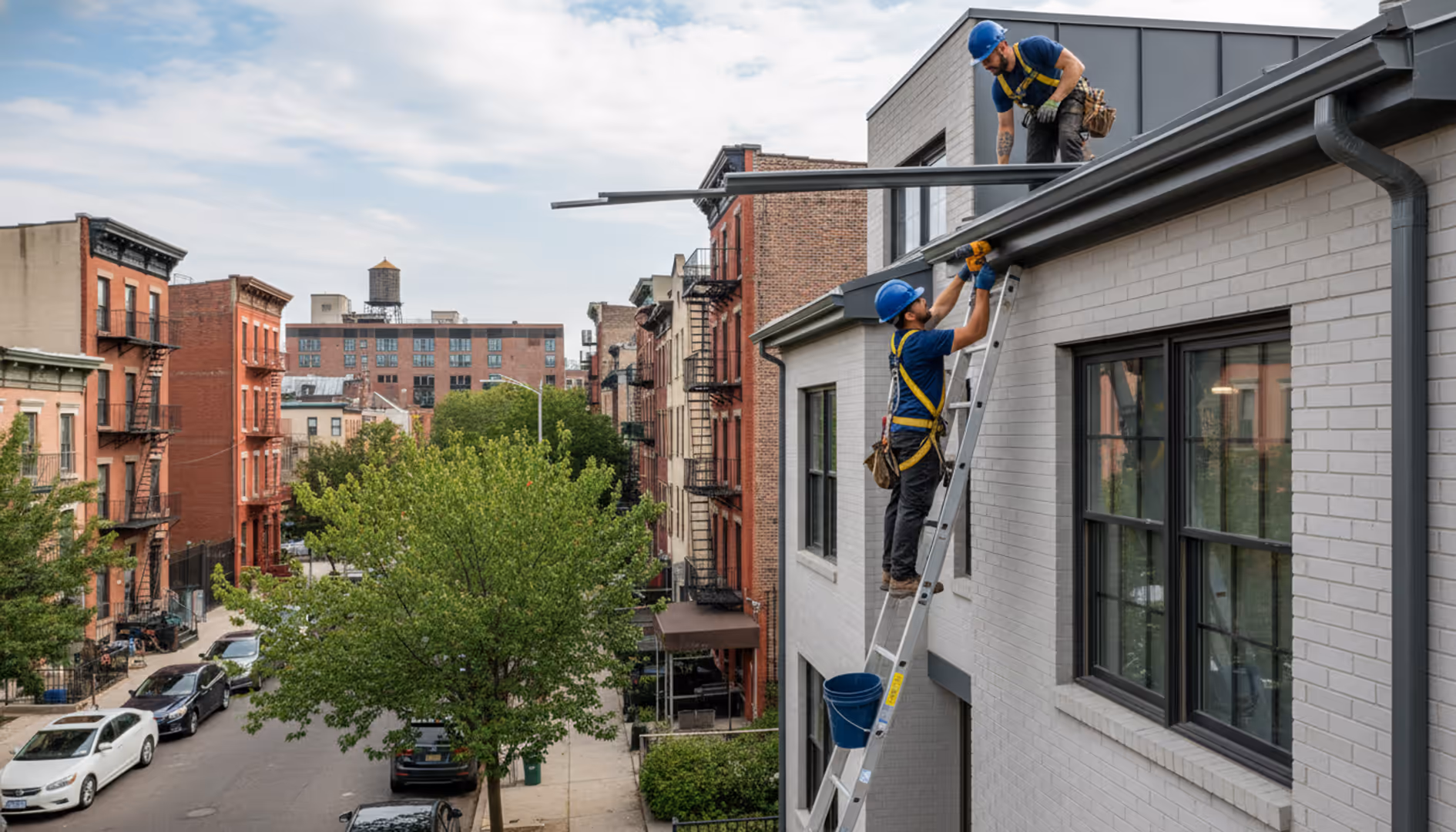 Modern home in East Williamsburg with newly installed smooth gutters, protecting the property from rain.