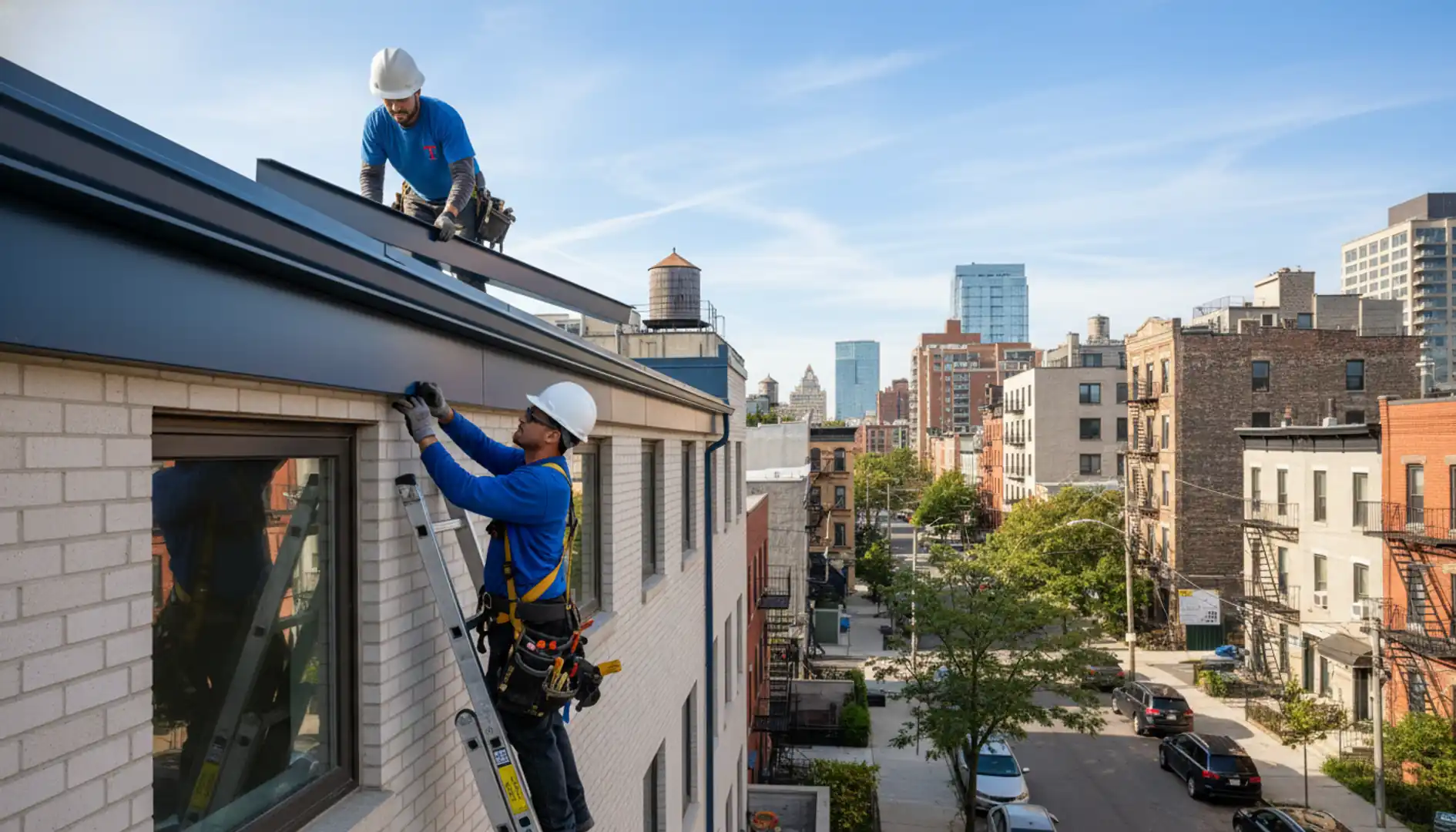 Newly installed smooth gutters on a modern Greenpoint home, reflecting clear skies.