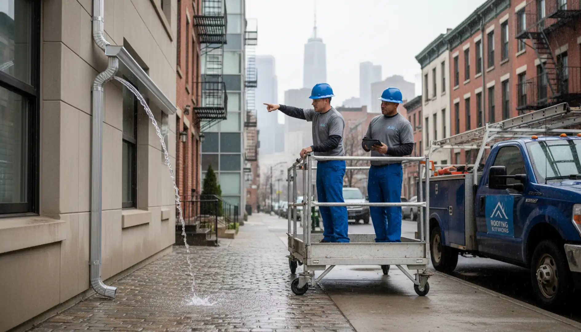 Modern residential building in Williamsburg with newly installed, clean gutters draining rainwater during a shower.