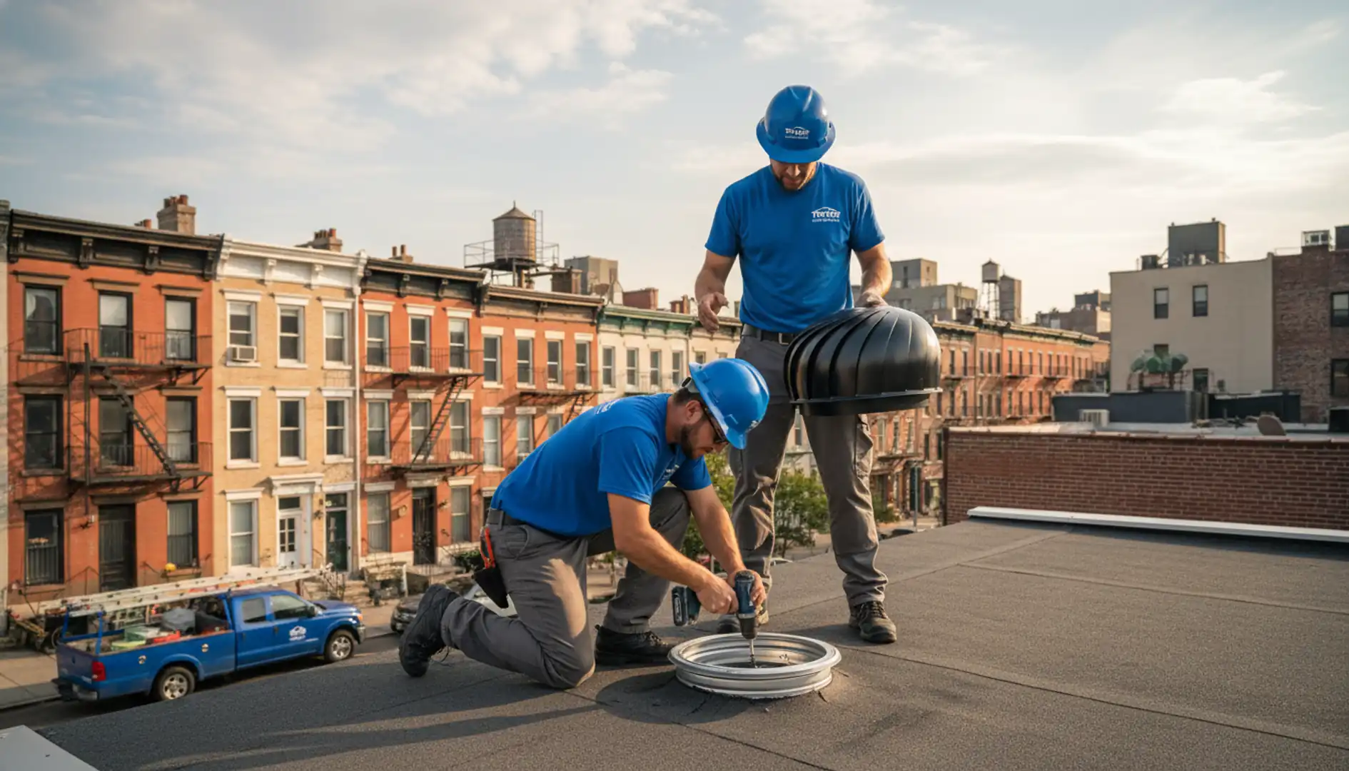 A professional roofing contractor installing new vents on a residential roof in Brooklyn for...