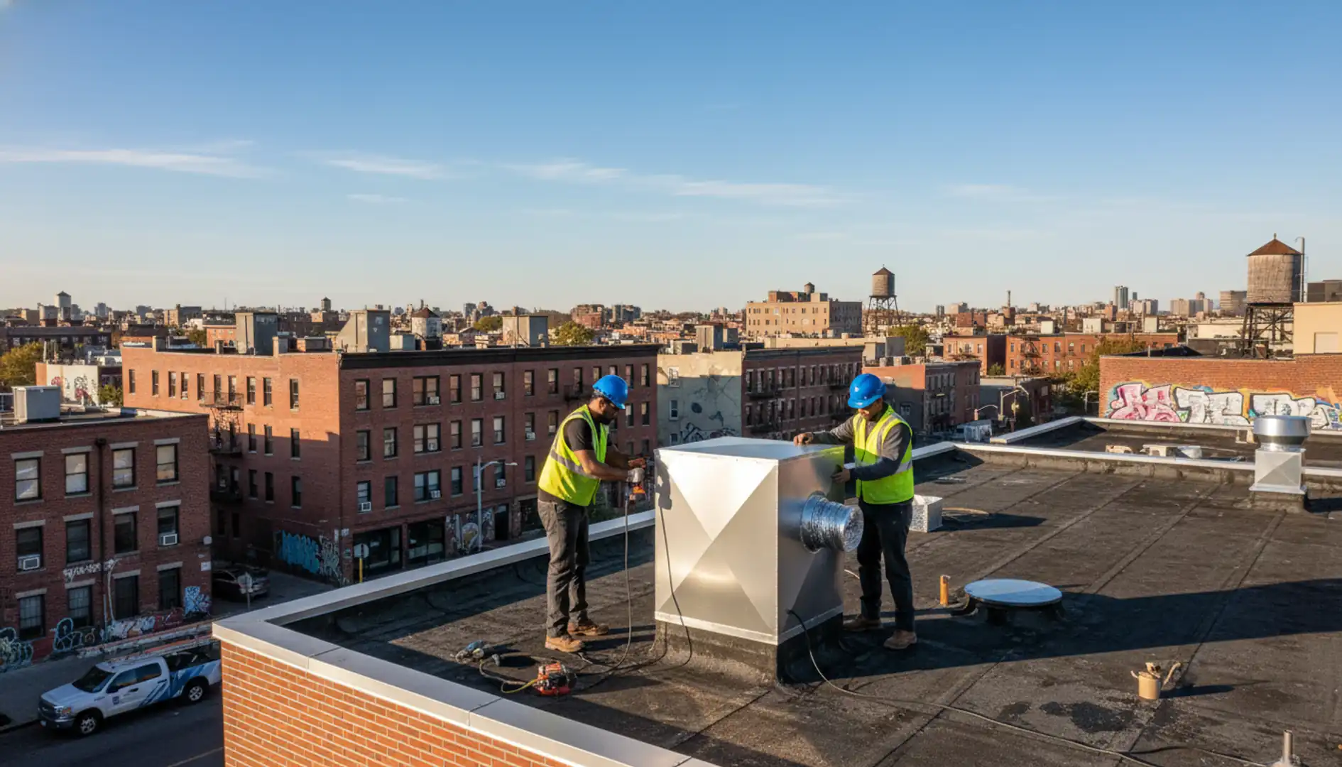 Roof with new loft ventilation system in a Bushwick neighborhood, clear sky