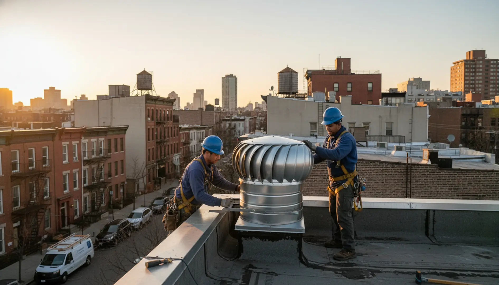 Modern roof with new loft ventilation system against the East Williamsburg skyline on a clear day.