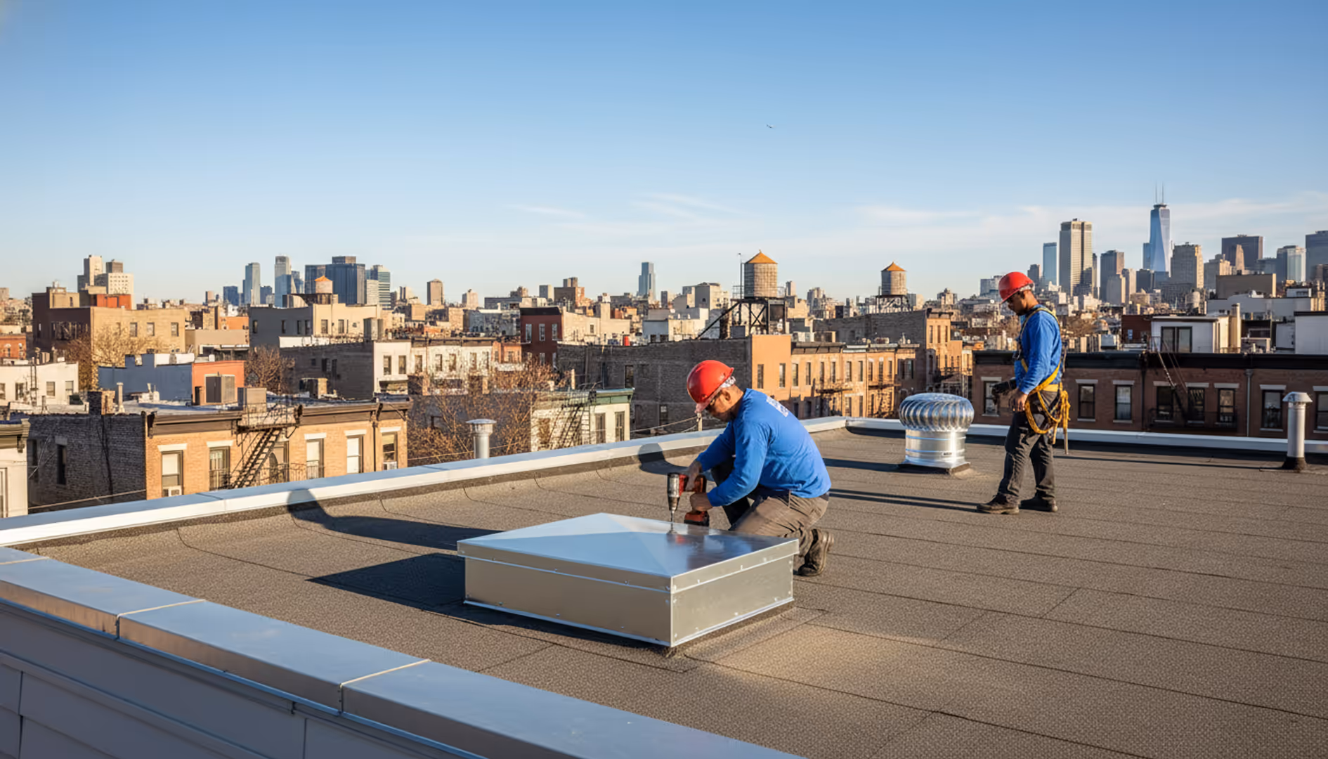 Modern Greenpoint home with visible roof ventilation system, bright sky
