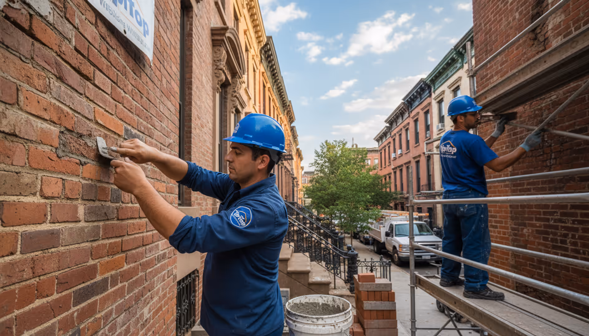 Skilled masons restoring a historic brick facade in Bedford-Stuyvesant