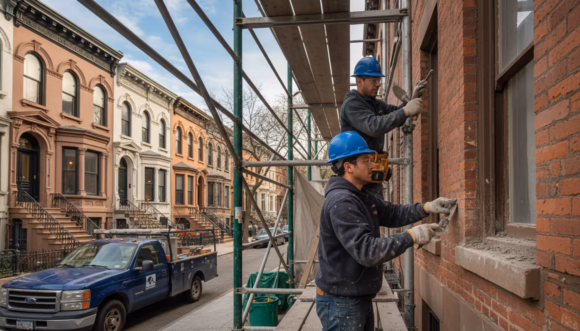 Skilled masons working on a brick facade repair on a historic Brooklyn building