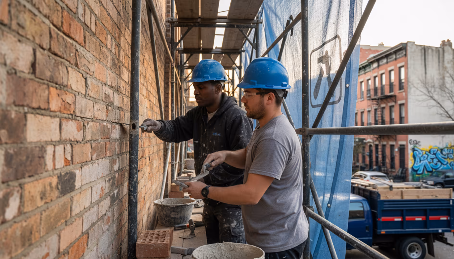 Skilled masons restoring a brick facade in Bushwick, Brooklyn, ensuring structural integrity and aesthetic appeal.