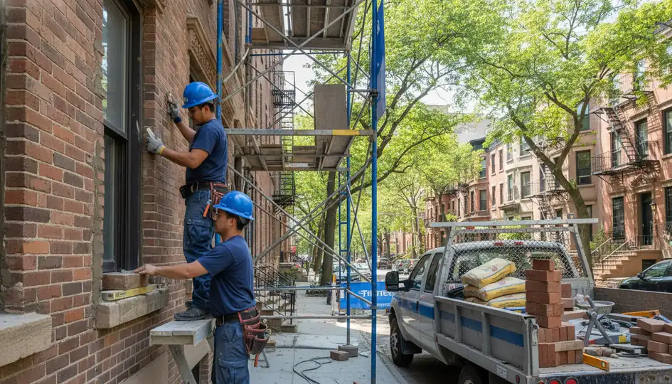 Historic brick building in East Williamsburg with newly restored masonry facade.