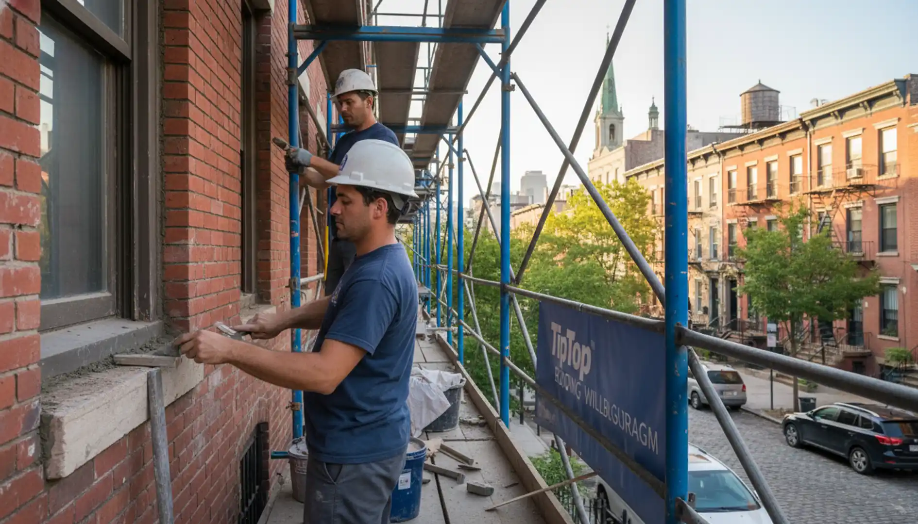 Skilled mason thoroughly repairing brickwork on a historic building facade in Williamsburg, Brooklyn.