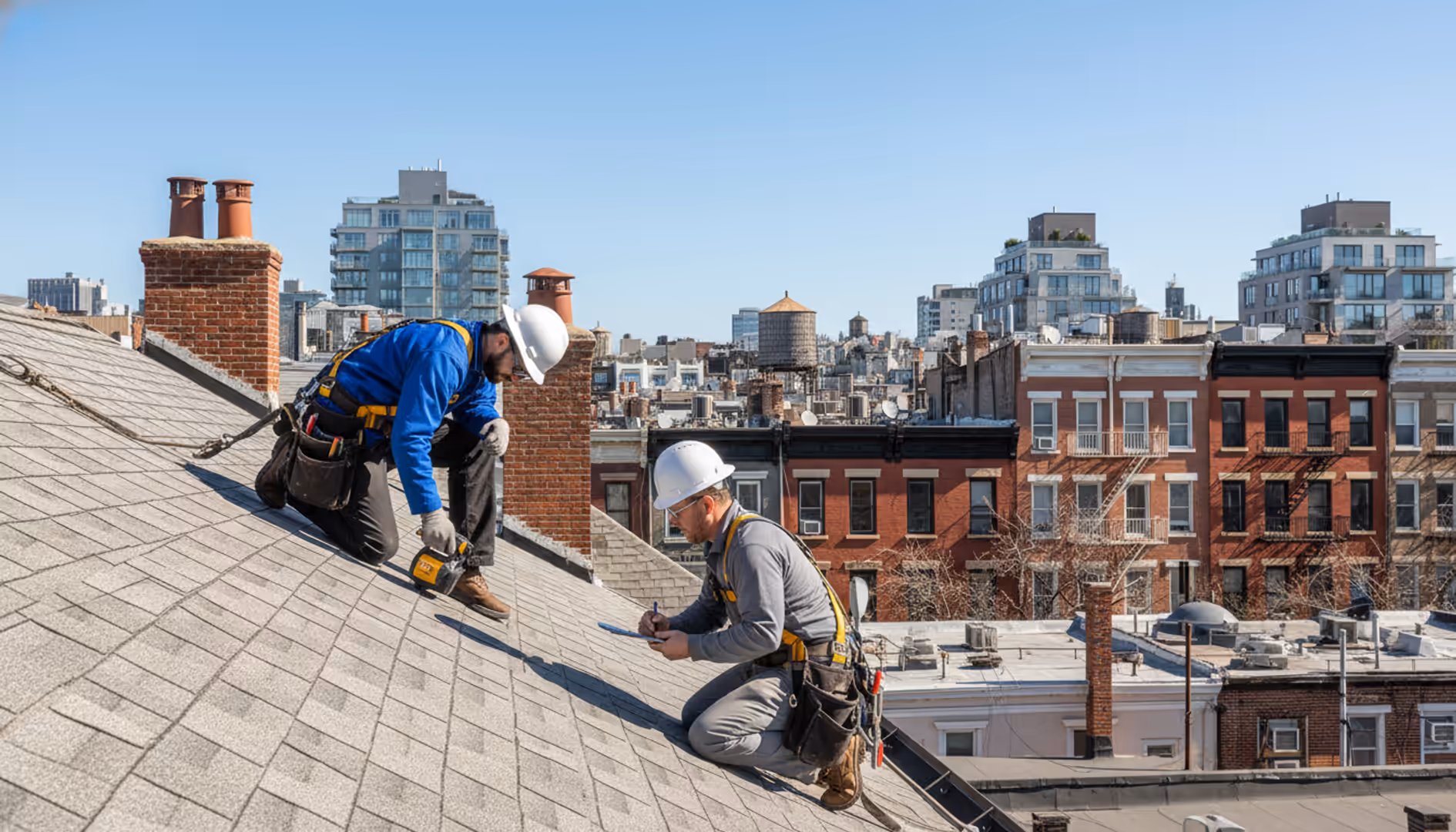 Modern and traditional homes in Bedford-Stuyvesant with a clean sky, showcasing local architecture and clear roofs.