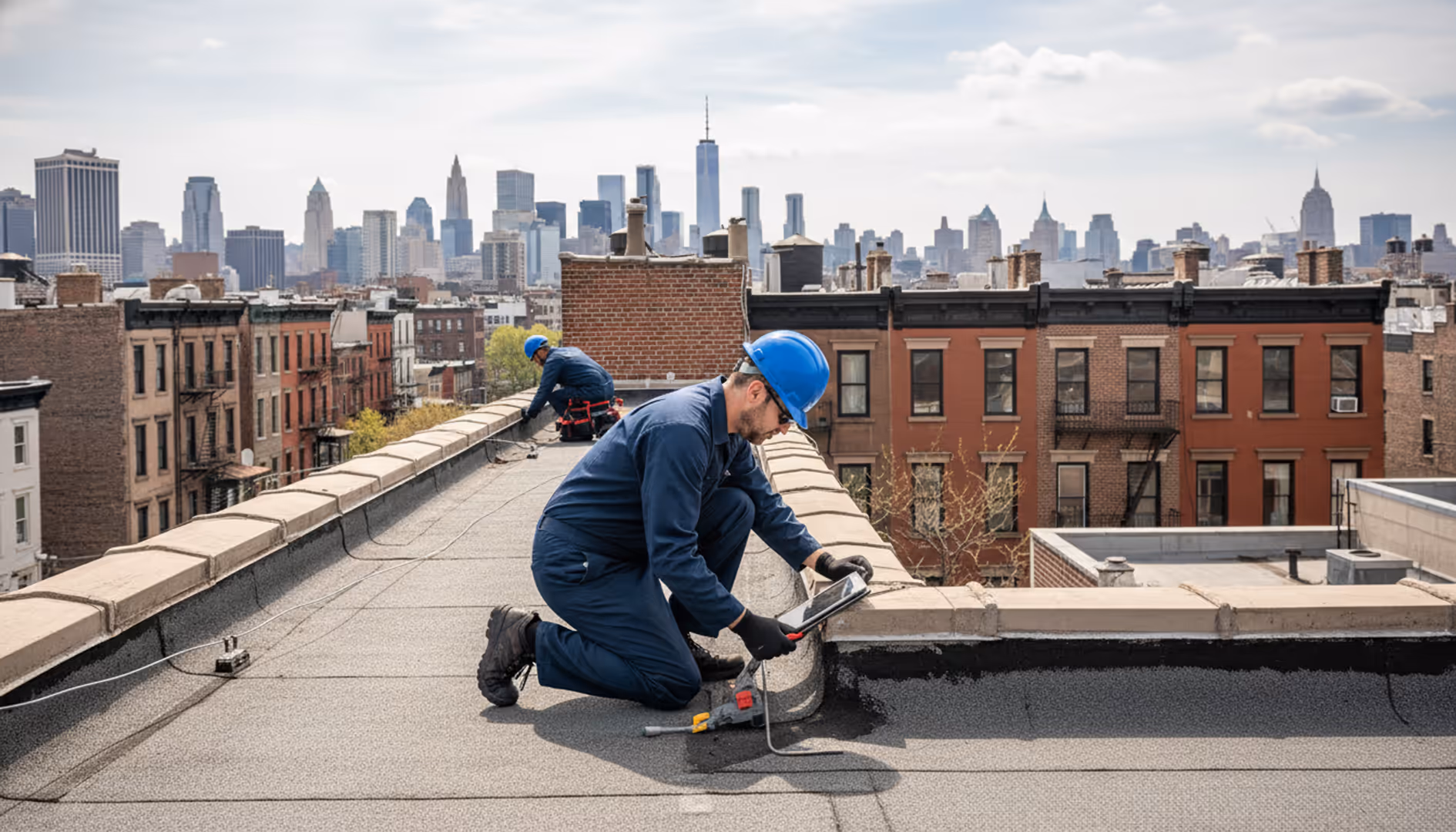 A professional roofer inspecting a residential roof in Brooklyn with a cityscape in the background.