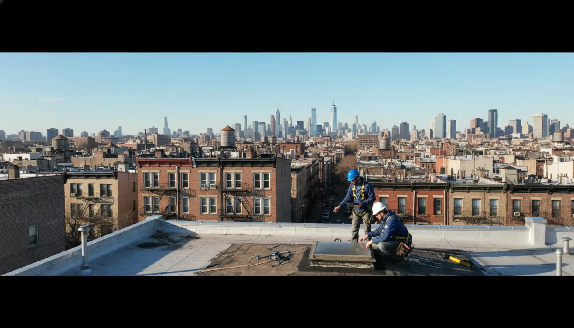 Aerial view of residential rooftops in East Williamsburg, Brooklyn under a clear sky.