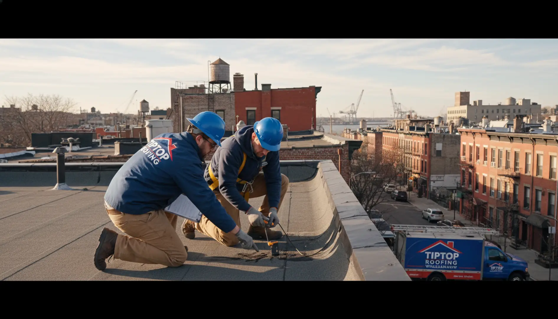 A TipTop Roofing inspector on a Greenpoint residential roof, performing a thorough roof...