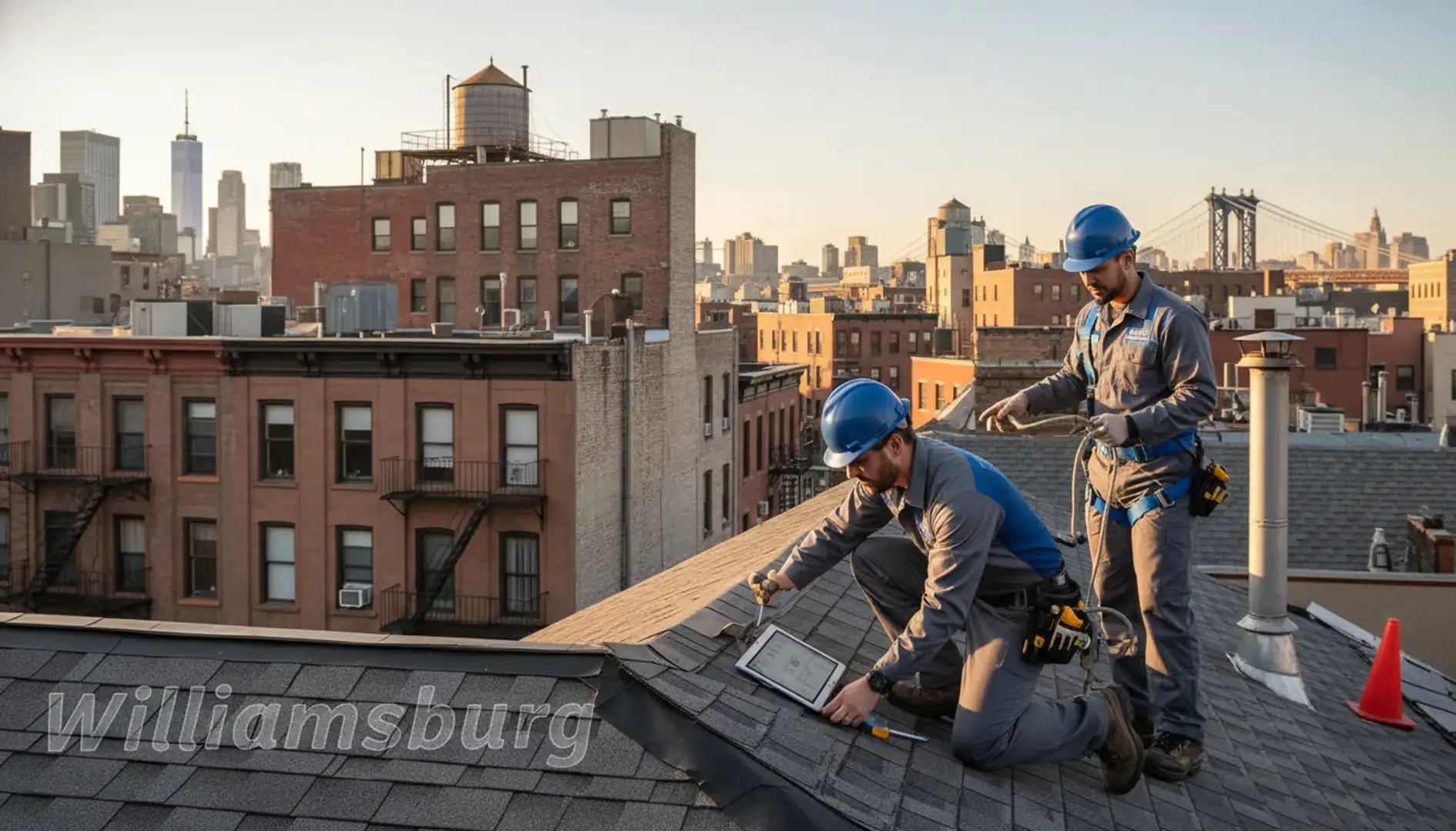 Professional roofer inspecting a residential roof in Williamsburg, with the city skyline behind.