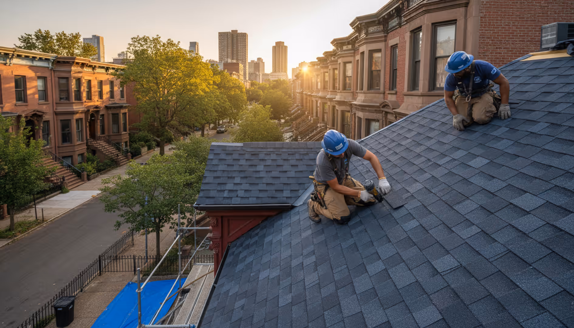 Newly installed shingle roof on a charming Bedford-Stuyvesant brownstone. Quality roof installation.