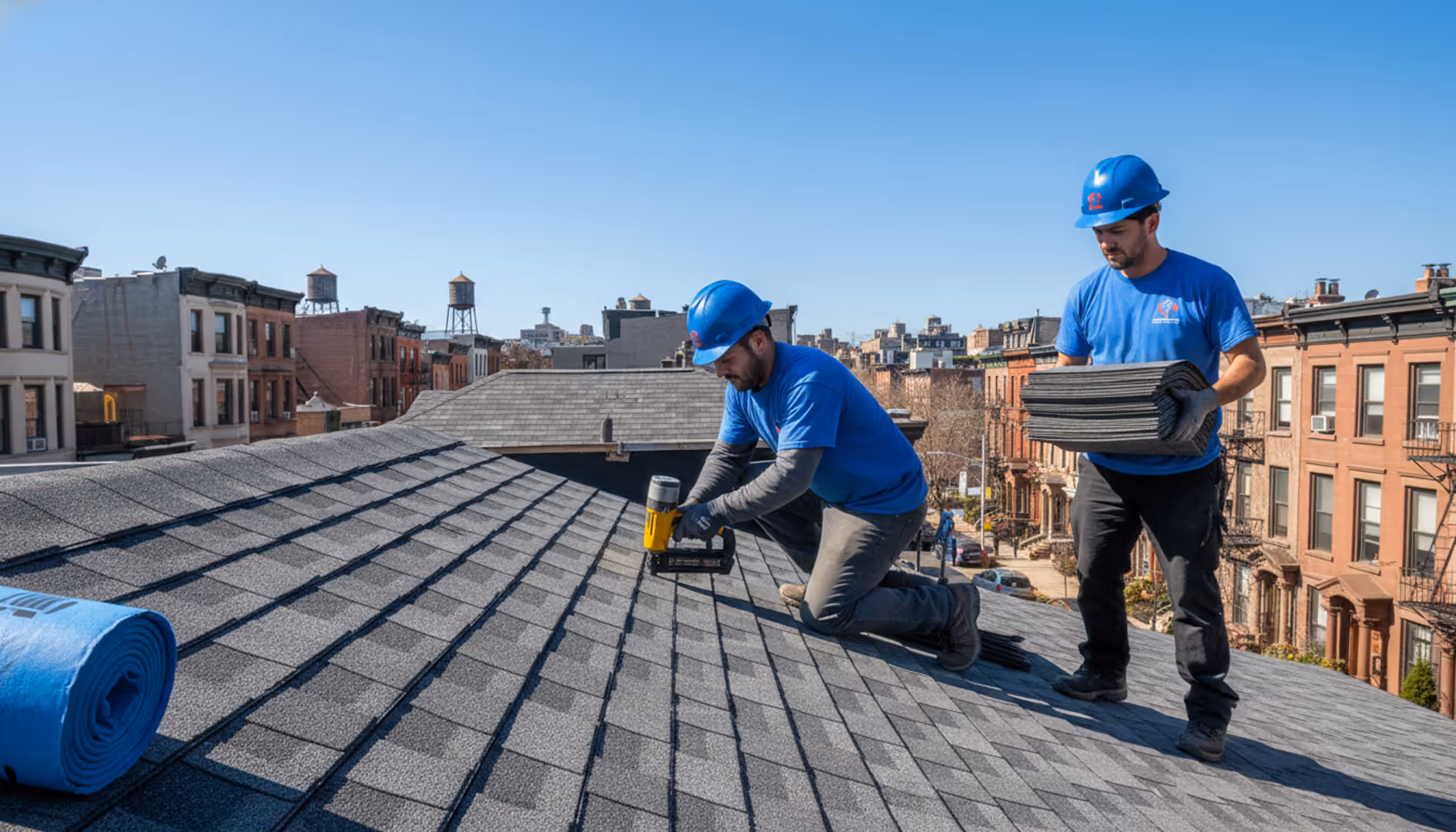 A newly installed shingle roof on a Brooklyn home with a clear blue sky, showcasing quality...