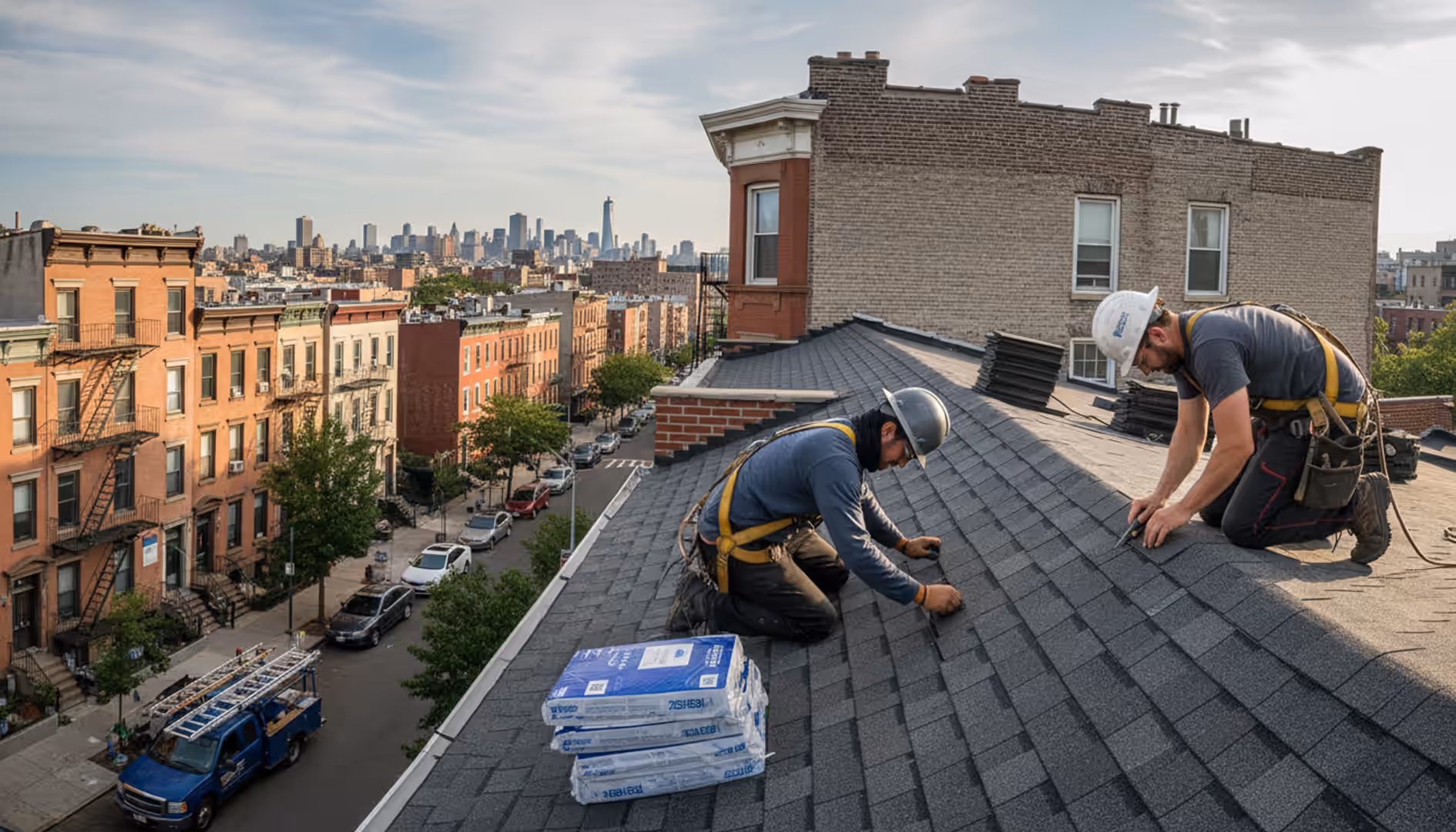 Panoramic view of new roof installation on a multi-story building in Bushwick, Brooklyn, with...