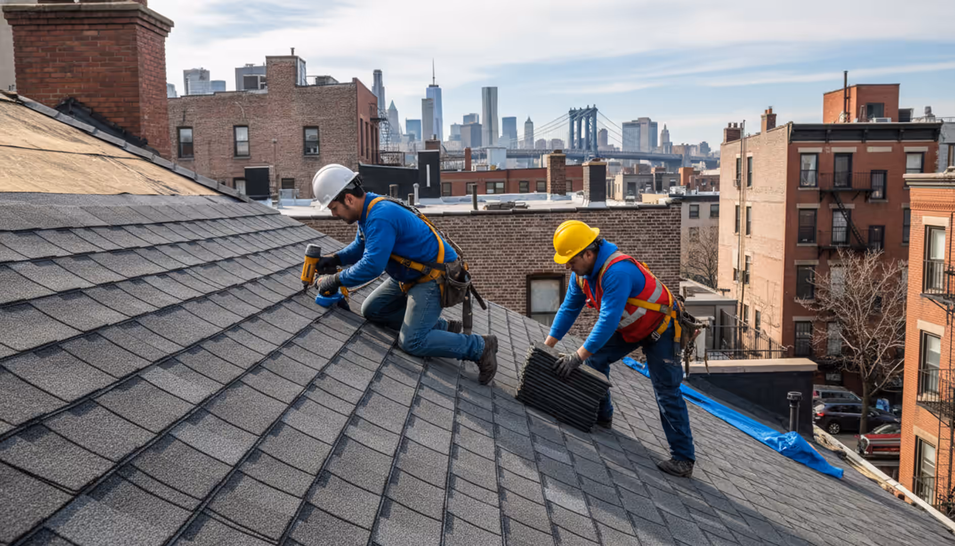 Newly installed roof on a traditional Greenpoint brownstone, showcasing quality craftsmanship...