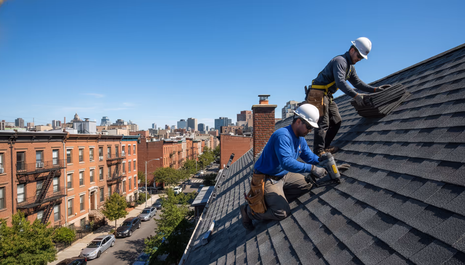 Newly installed shingle roof with a clear blue sky over Williamsburg, Brooklyn homes.
