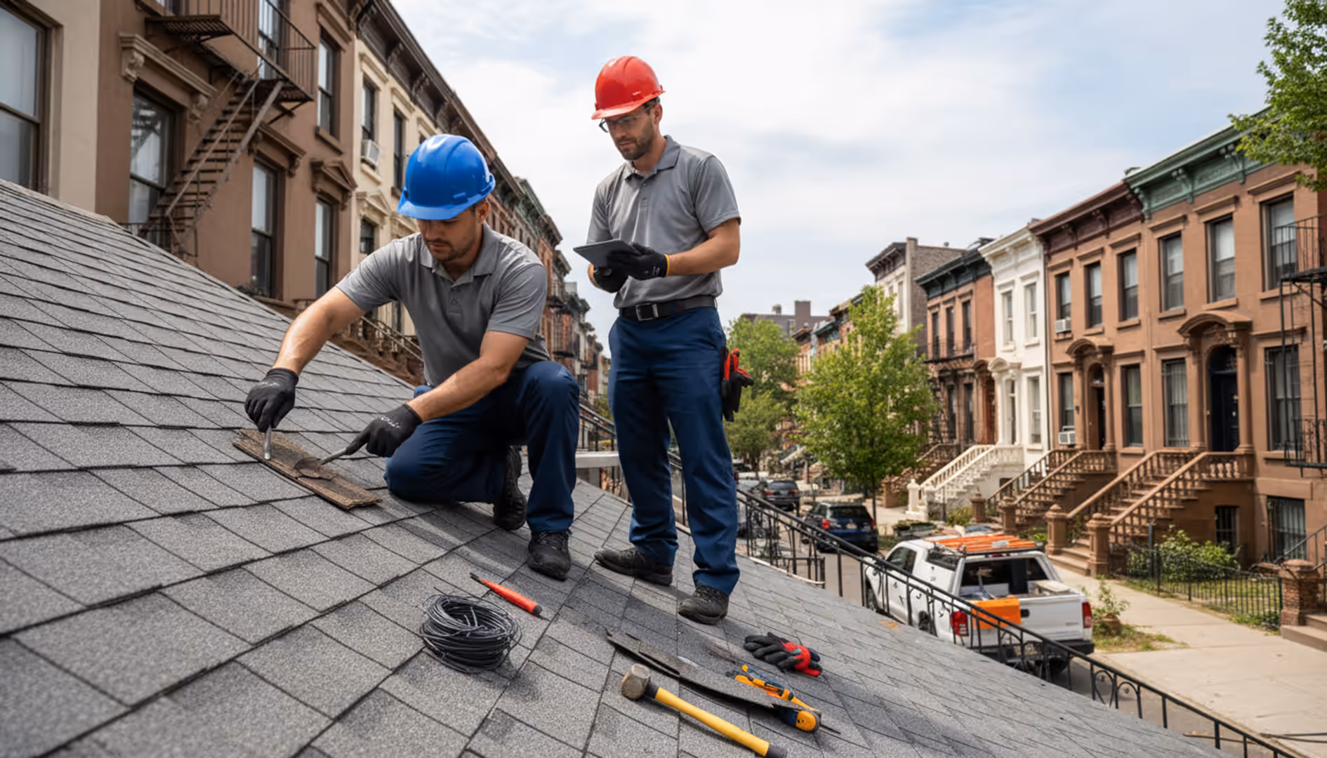 Professional roofers inspecting a damaged residential roof in Bedford-Stuyvesant, Brooklyn.