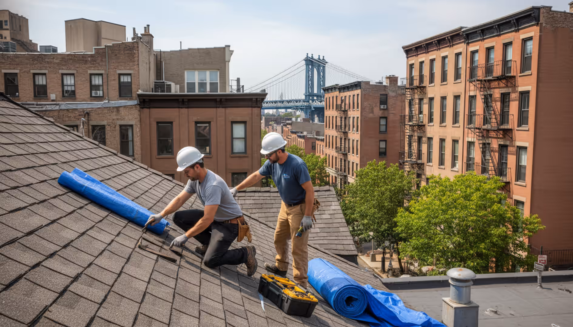 Professional roof repair team working on a shingle roof in a Brooklyn neighborhood.