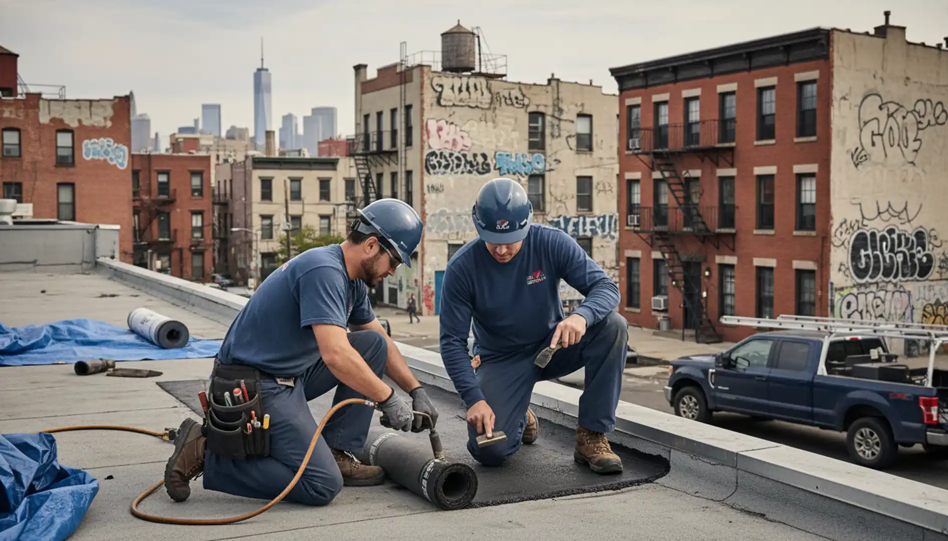 Roofing contractors repairing a residential roof in Bushwick, Brooklyn
