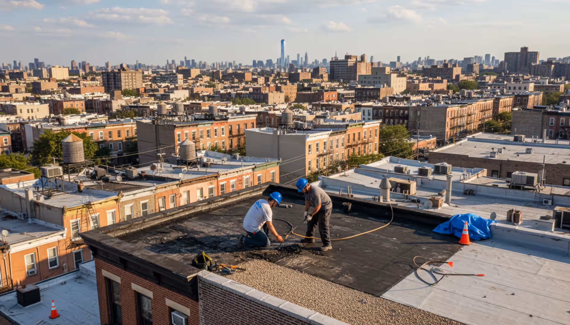 Aerial view of diverse rooftops in East Williamsburg, Brooklyn, showing residential and...