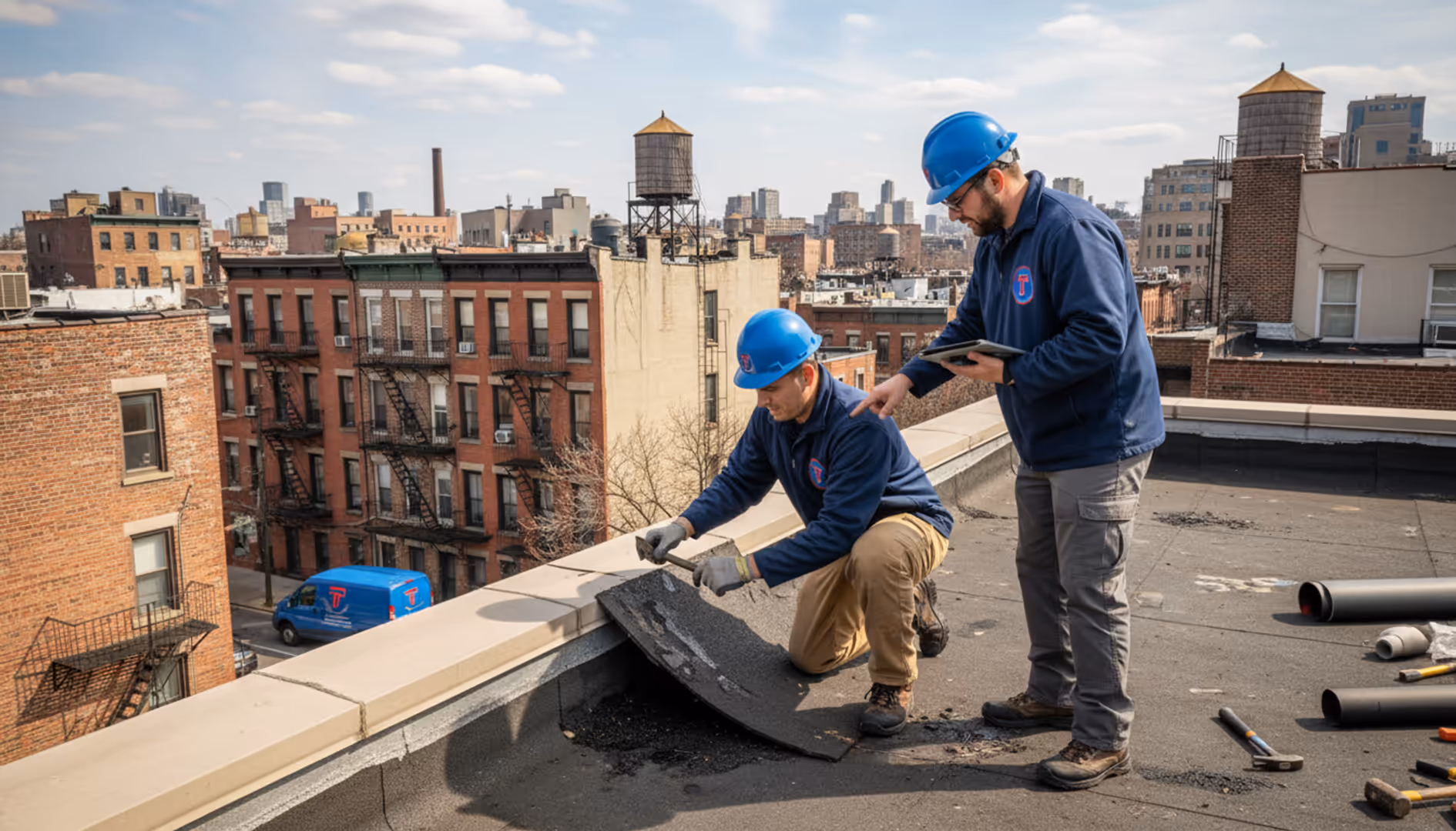 Roof repair professionals inspecting a residential roof in Greenpoint, Brooklyn