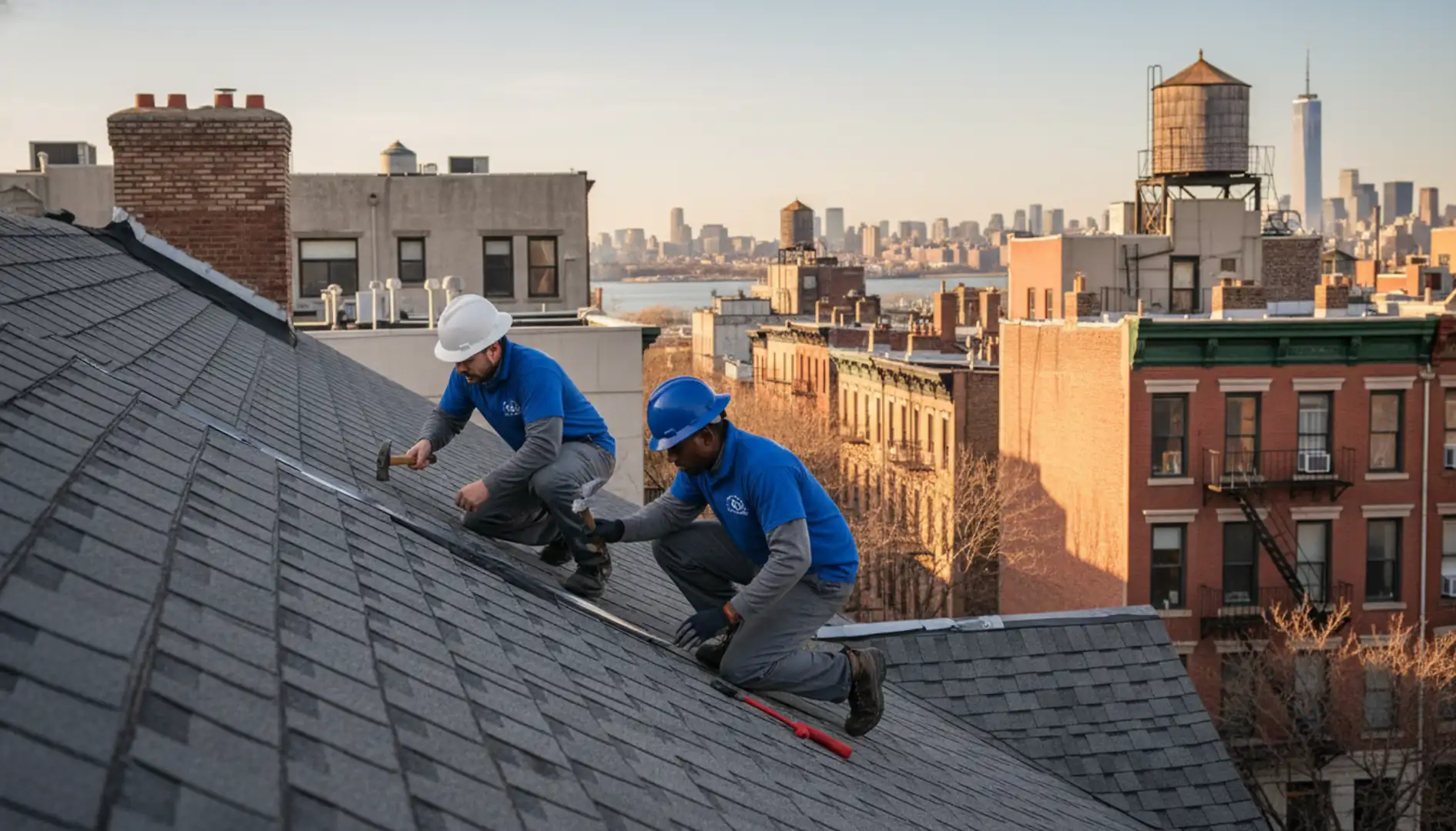 Skilled roofers performing roof repair on a brownstone in Williamsburg, Brooklyn.