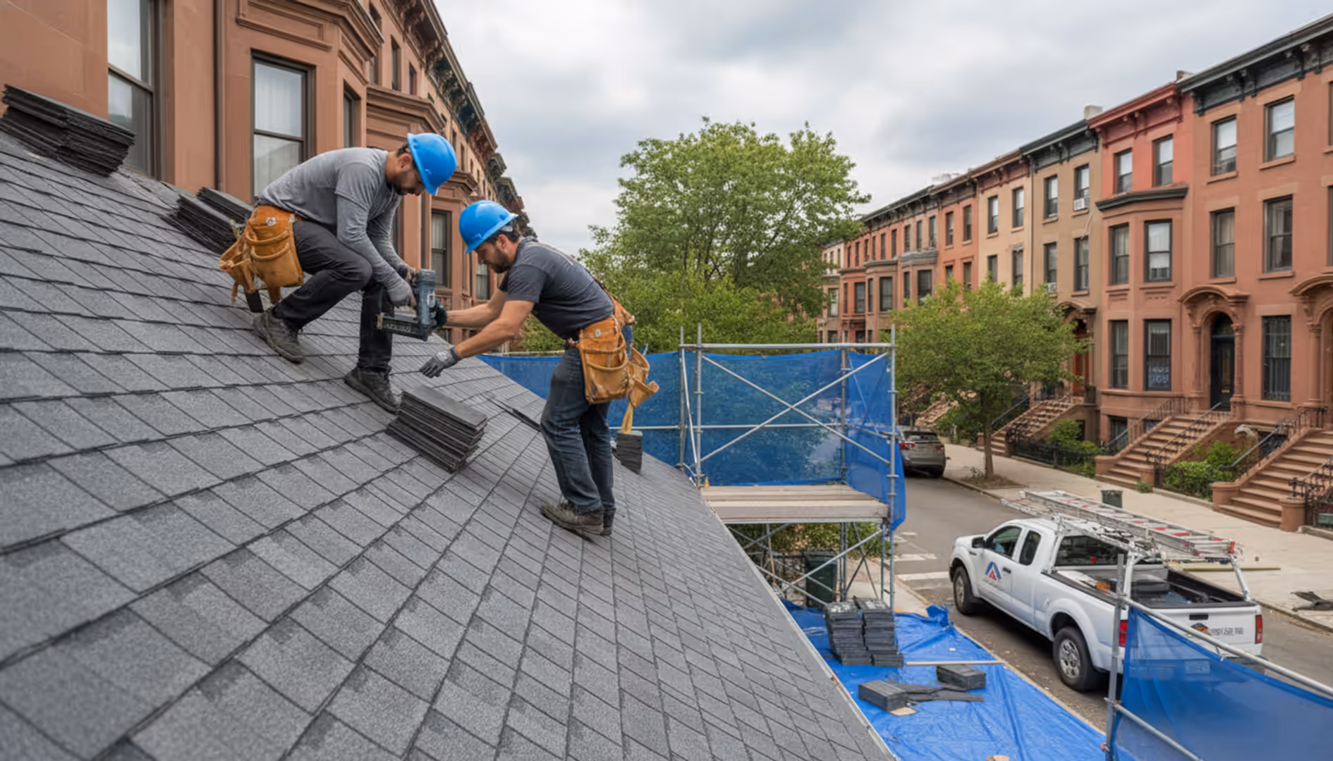 New shingle roof on a brownstone in Bedford-Stuyvesant, Brooklyn, showcasing quality roof...