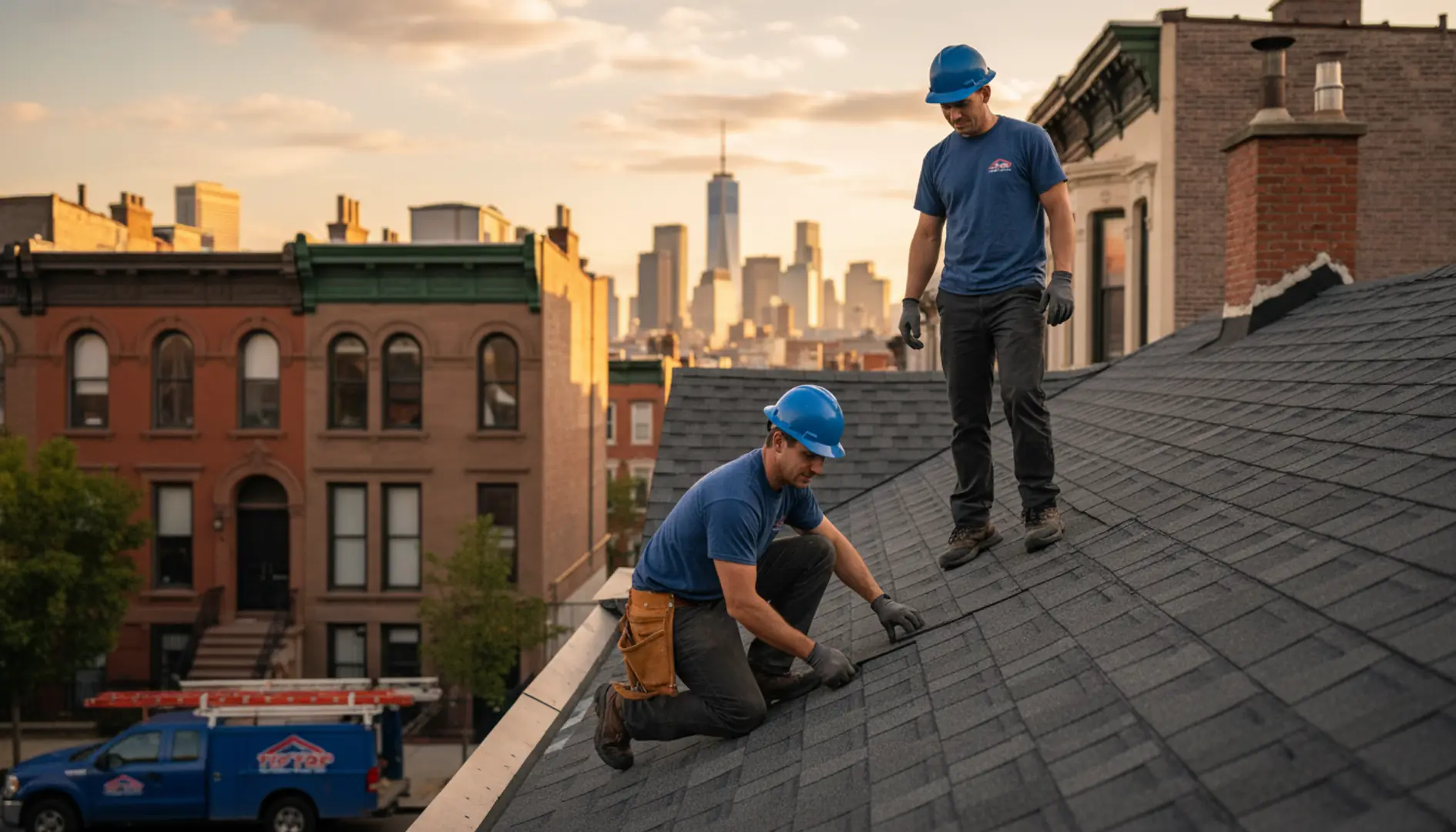New asphalt shingle roof on a Brooklyn brownstone, freshly installed.