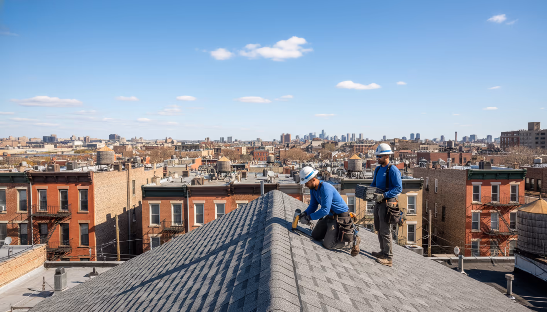Newly installed asphalt shingle roof on a home in Bushwick, Brooklyn under a clear sky.