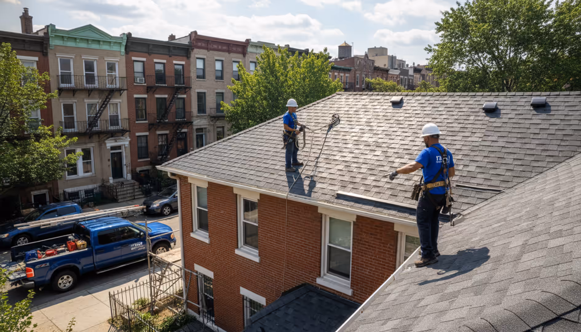 Newly installed roof on a residential home in East Williamsburg, shining under the sun.