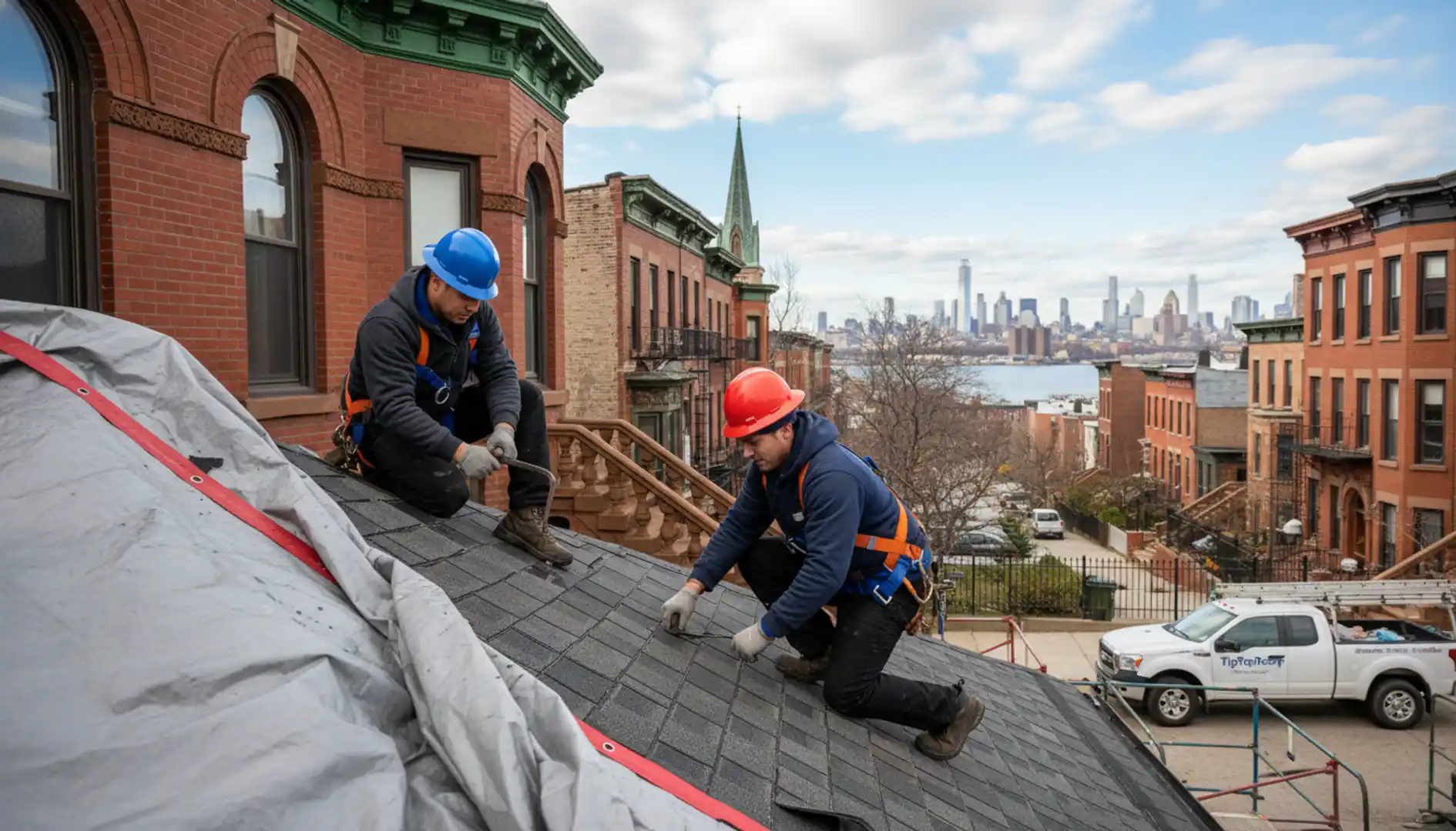Skilled roofers performing a roof replacement on a Greenpoint brownstone, ensuring quality and...