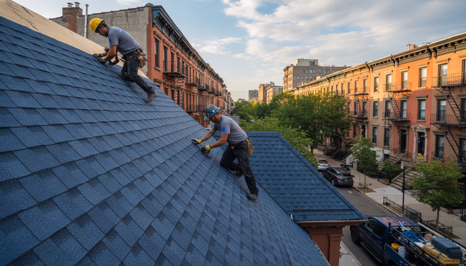 Newly installed shingle roof on a charming Bedford-Stuyvesant home, showcasing quality roofing materials.