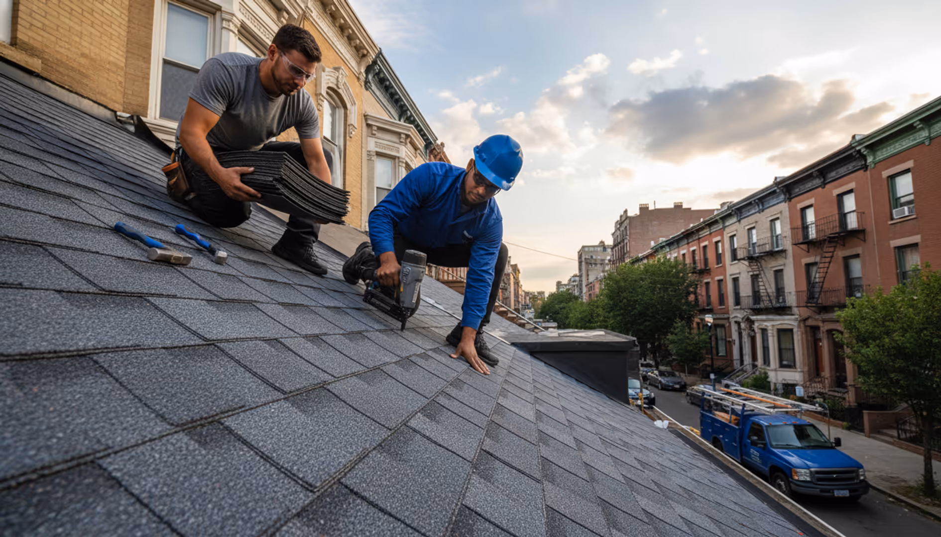 Beautifully installed shingle roof on a Brooklyn brownstone, highlighting the texture and color...