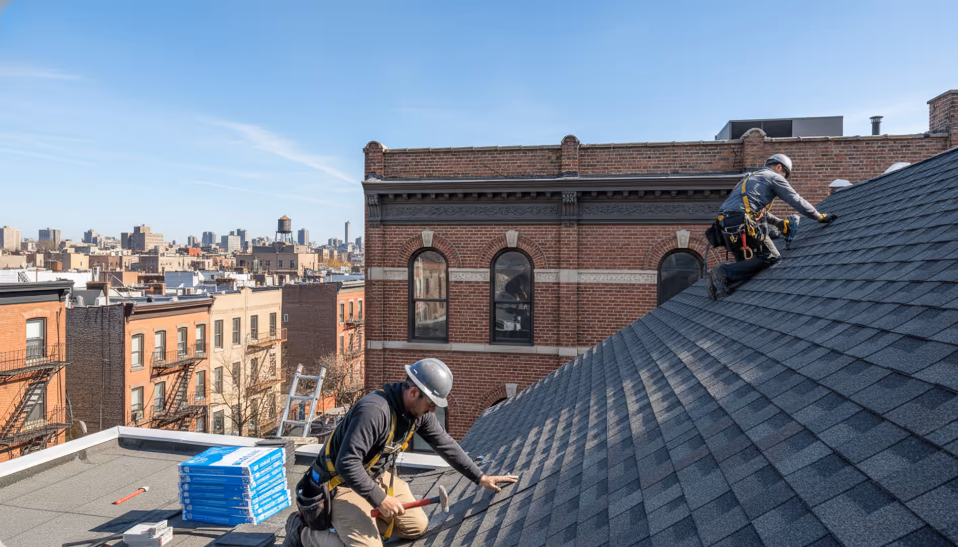Newly installed shingle roof on a modern Bushwick home under a clear sky