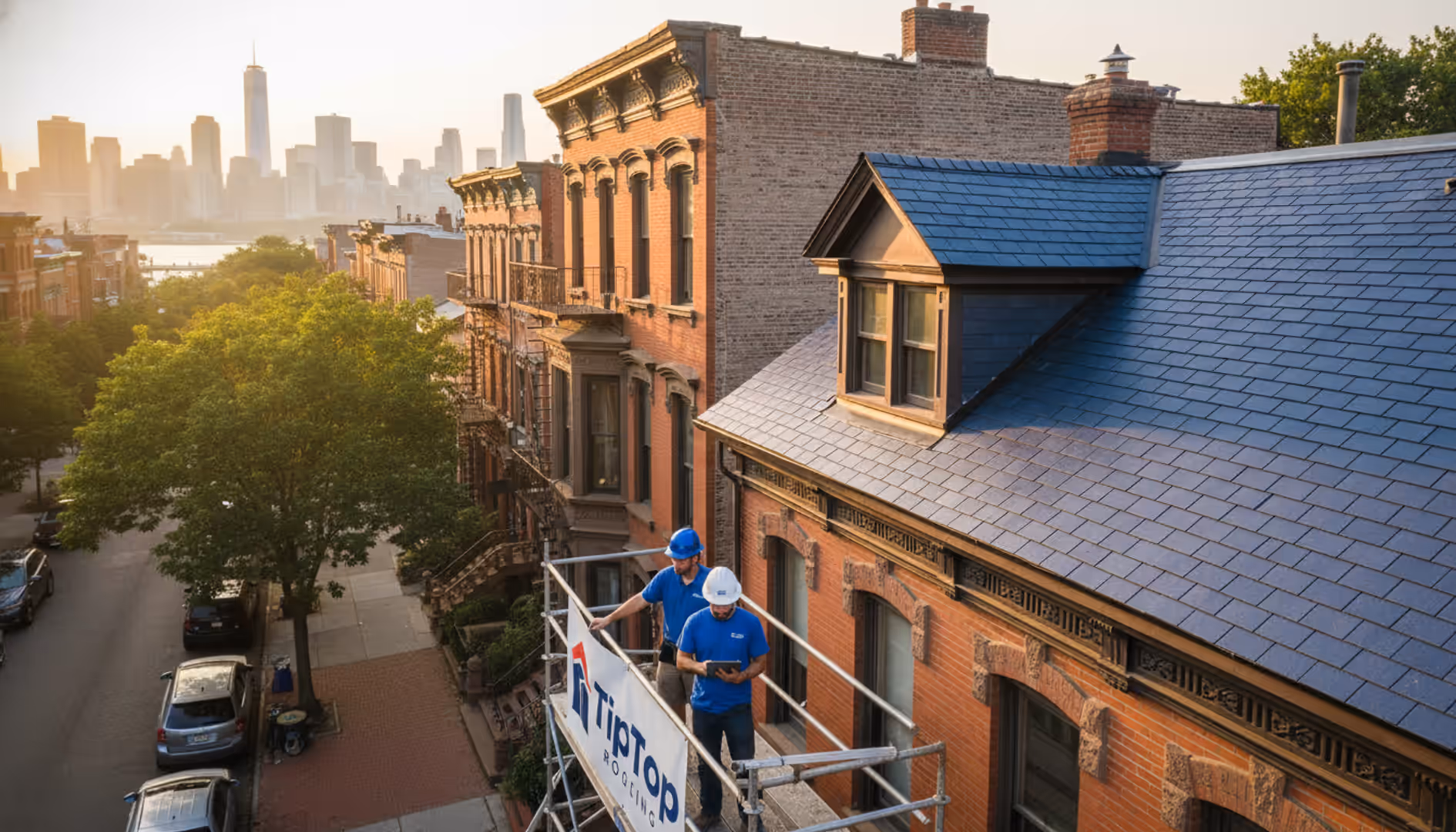 Newly installed shingle roof on a charming Greenpoint brownstone, gleaming under sunlight