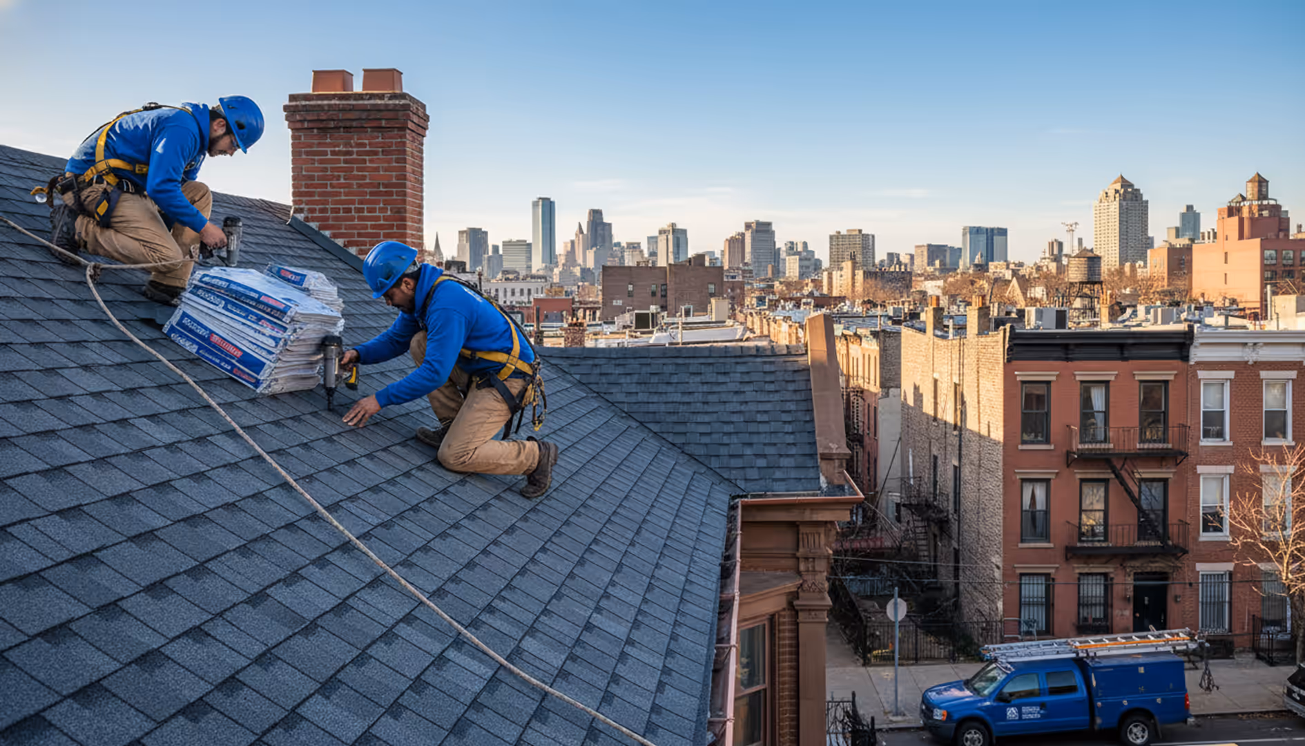 A beautifully installed asphalt shingle roof on a home in Williamsburg, Brooklyn under a clear sky.