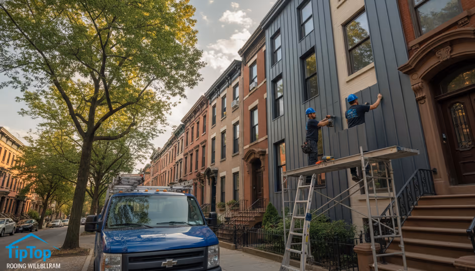 Modern home with new dark gray siding in a tree-lined street in Bedford-Stuyvesant, Brooklyn.