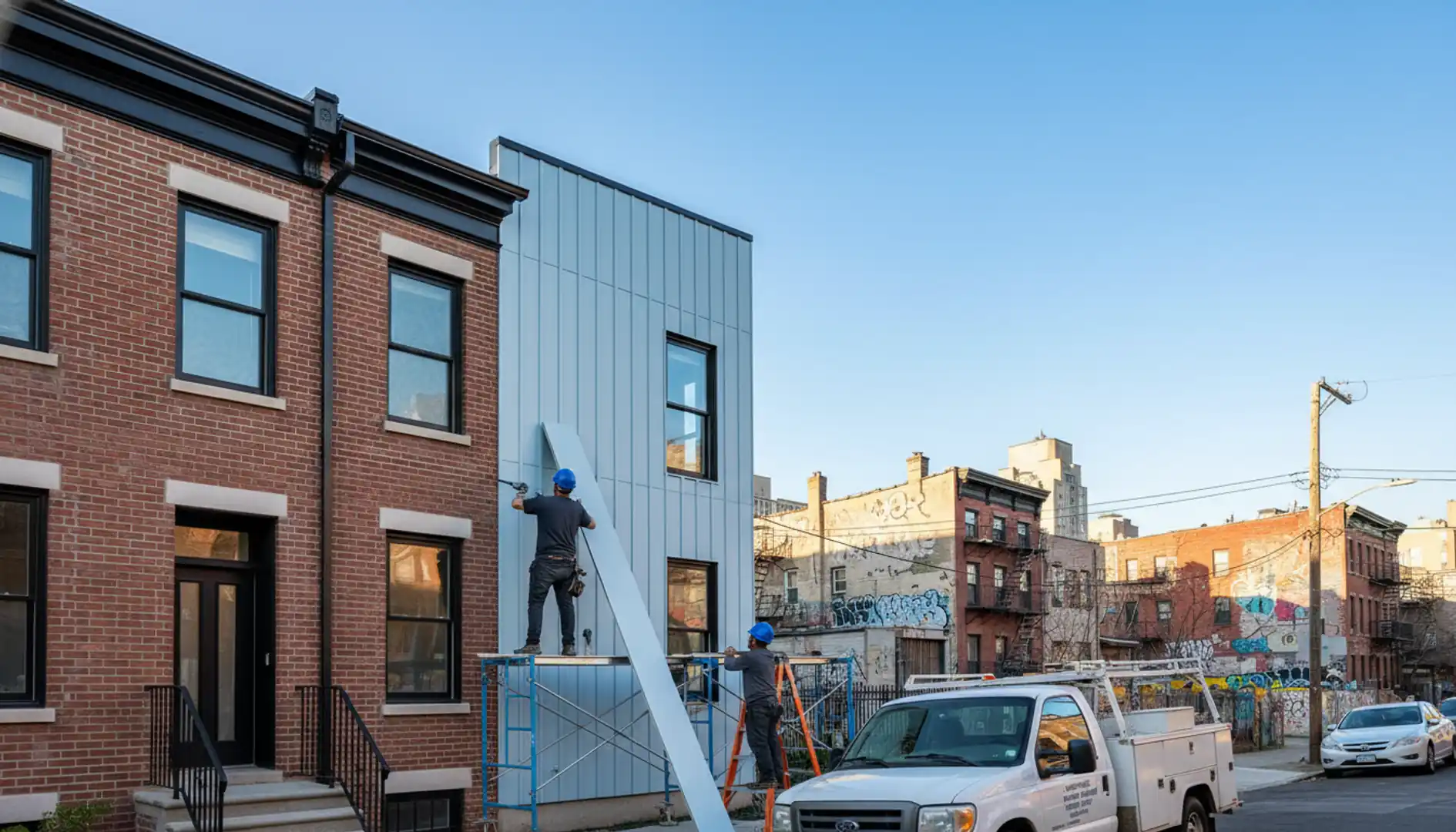 Modern home exterior with newly installed siding in Bushwick, Brooklyn under a clear sky