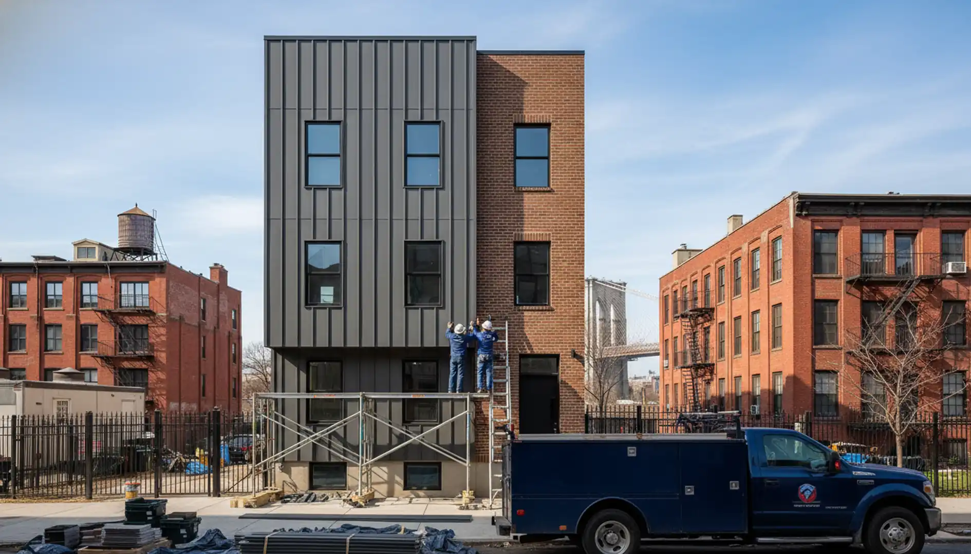 Modern house with newly installed gray siding under a clear sky in East Williamsburg.