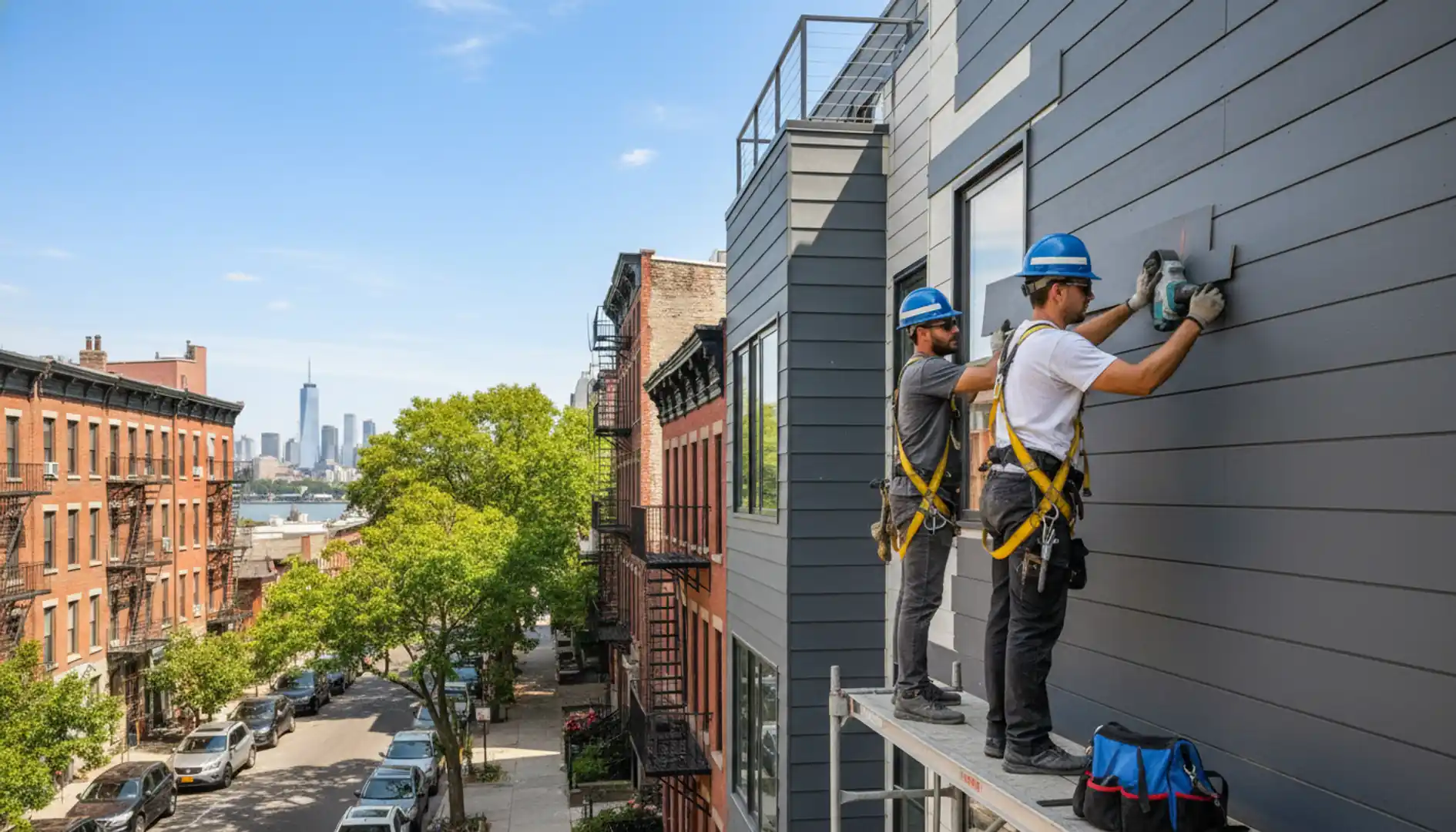 Modern Greenpoint home with freshly installed grey siding and clean lines against a clear sky