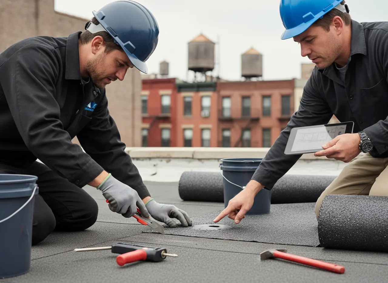 Roofers inspecting a flat roof for repairs, showing attention to detail on a Brooklyn property