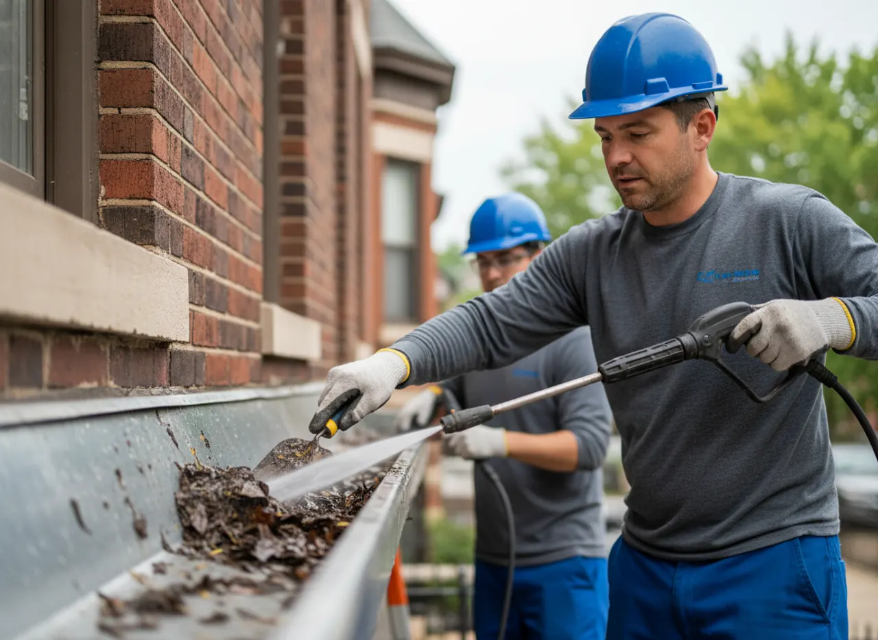 Professional cleaning of a residential gutter, removing debris to prevent blockages and ensure...