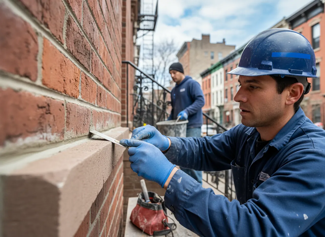 Close-up of newly tuckpointed brickwork on a residential building