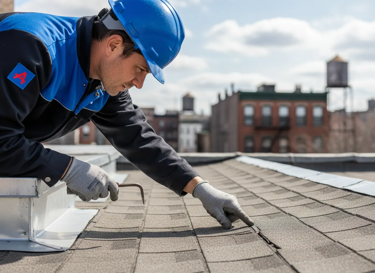 Roofer closely examining shingles and flashing during a professional roof inspection for issues.