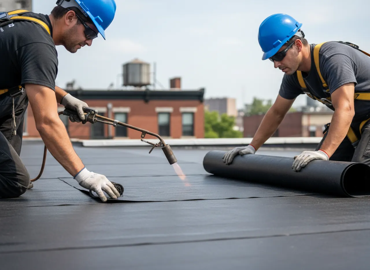 TipTop Roofing Williamsburg pros installing a flat roof, carefully applying new membrane with...