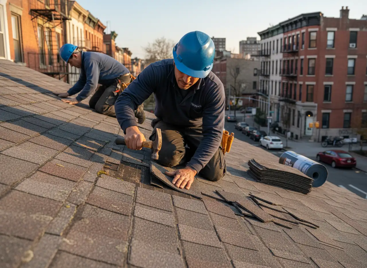 Close-up of a skilled roofer fixing damaged shingles on a residential roof.