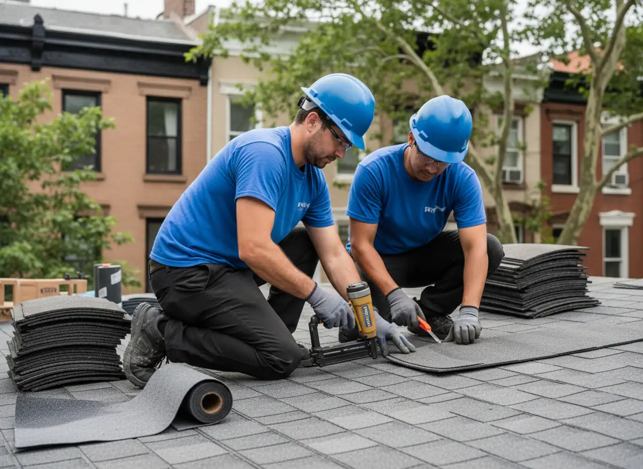 Roofing crew safely performing a roof replacement, with new materials visible and a clean worksite.