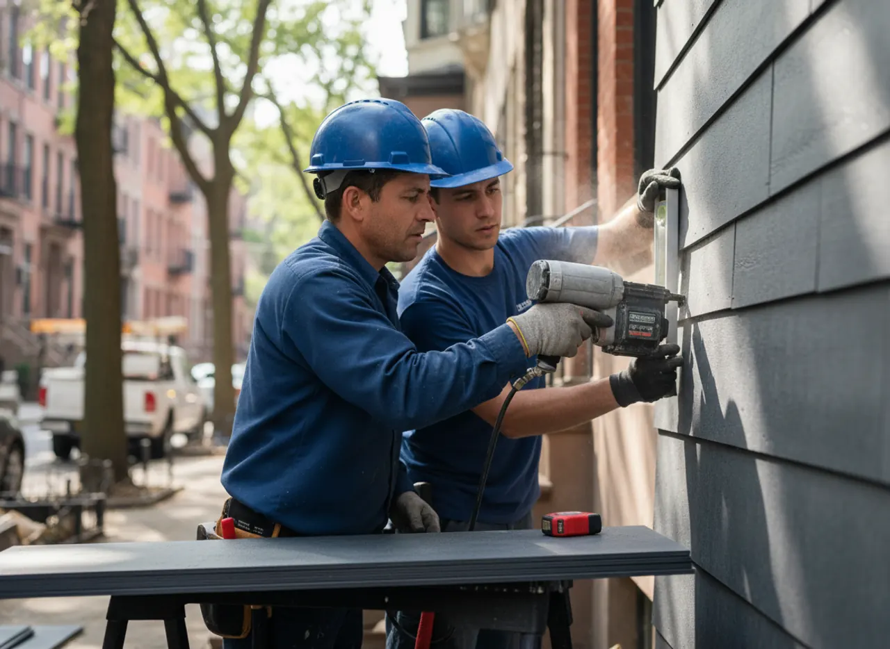 Close-up view of freshly installed dark gray fiber cement siding panels on a home's exterior.